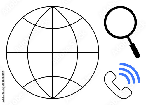 Communication concept. Global network worldwide connectivity. Communication includes phone calls, search tools, and universal internet access. For technology, globalization, telecom, business