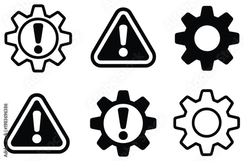 Warning and gear icons isolated vector set featuring caution triangle alert symbol combined with settings cogwheel, system maintenance warning, configuration error indicator, and technical support int