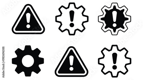 Warning and gear icons isolated vector set featuring caution triangle alert symbol combined with settings cogwheel, system maintenance warning, configuration error indicator, and technical support int