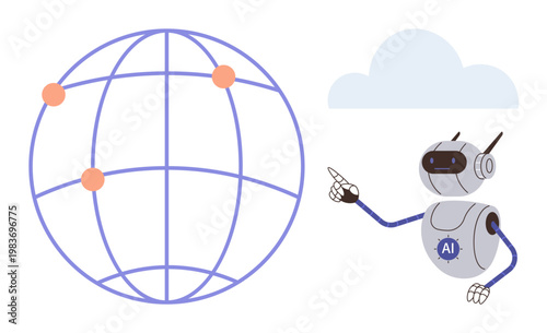 Artificial intelligence, global communication, cloud technology, robotics, machine learning, automation. Robot pointing to a connected globe and cloud. AI and global communication concept
