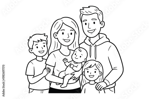 Happy cartoon family of five posing together with daughter together happiness illustration portrait caucasian