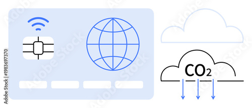 Technology, sustainability, emissions tracking, digital transformation, global communication, environmental impact. A microchip with a globe and CO2 monitoring cloud. Technology and sustainability