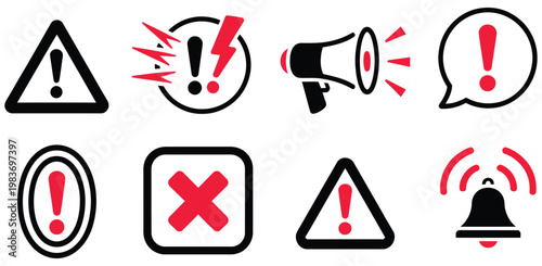 Warning signs and icons set including exclamation marks alert symbols and danger warning icons, hazard caution interface elements, emergency risk notification graphics