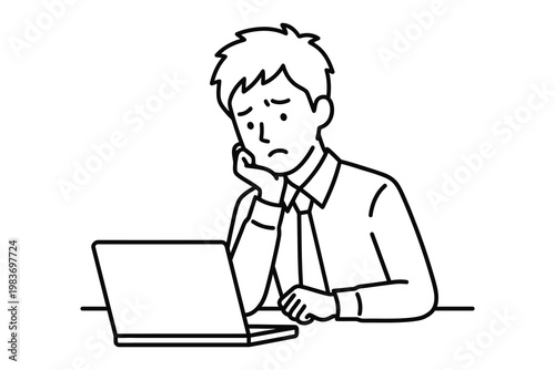 Man looking stressed while working on a laptop computer with young man line art remote work home office computer