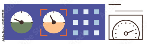 Data visualization, monitoring systems, technology interfaces, productivity tools, performance tracking, efficiency measurement. Analog gauges and digital control elements. Data visualization