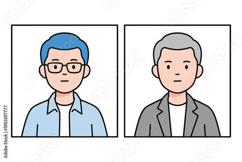 Two men side by side portraits one younger with glasses one older short hair blue hair grey portrait
