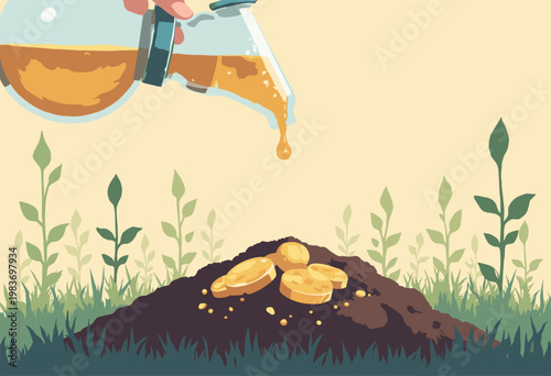 stylized flat glass chemistry pipette dropping single, perfect drop liquid gold into soil bed MicroInvesting Seed Capital concept Clean, minimalist layout No text