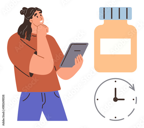 Healthcare, medication planning, time management, decision-making, personal health, daily routine. Person holding a tablet, thinking with a medicine bottle and clock. Healthcare and medication