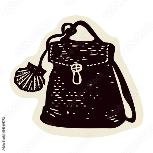 Simple bag backpack with scallop shell pilgrimage symbol. Black and white hand drawn illustration for pilgrims way travel route in Europe