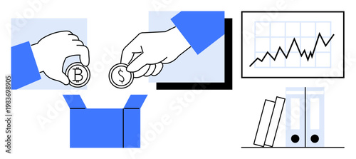 Financial planning, investment strategies, economic growth, business analysis, digital currency, resource management. Hands holding coins with a box, a rising graph and documents. Financial planning