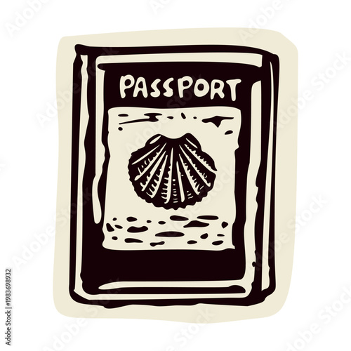 Pilgrims way passport with scallop shell motif. Black and white simple symbol icon clipart.For Camino, Canterbury , Jacobsweg European travel pilgrimage route. 