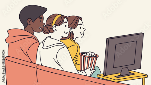 Three friends sitting on a couch watching television, one holding a popcorn bucket, with a cozy living room setting and a TV screen visible in front of them