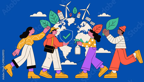 Group of diverse individuals holding leaves and a spray bottle around a globe with wind turbines, promoting environmental protection and sustainability. Change climate concept