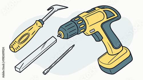 Set of construction tools including a cordless drill, hammer, screwdriver, and metal bar arranged on a light background for easy identification and use in various projects