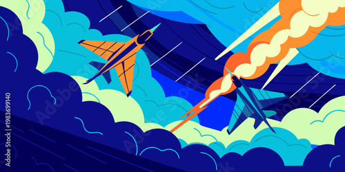 Two futuristic military drones on mission through storm clouds with vibrant colors and dynamic shapes, showcasing a dramatic sky filled with swirling clouds