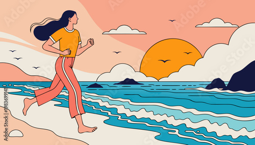 Woman jogging barefoot along a beach at sunset, wearing a yellow shirt and striped pants, with waves and clouds visible in the background. Jogging beach concept