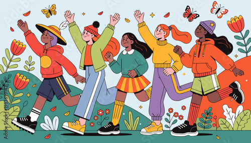 Diverse group of children from different cultures walking together in a colorful landscape filled with flowers in the spring, butterflies, and vibrant greenery