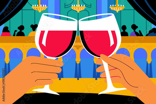 Close up of two hands clinking wine glasses filled with red wine against a festive background with chandeliers and silhouettes of people celebrating