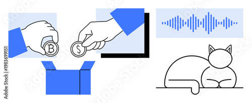 Financial transactions. Simplistic ions of coin exchange, cryptocurrency management, sound waves, and a resting cat. Financial transactions for digital banking, fintech, pet care, sound design