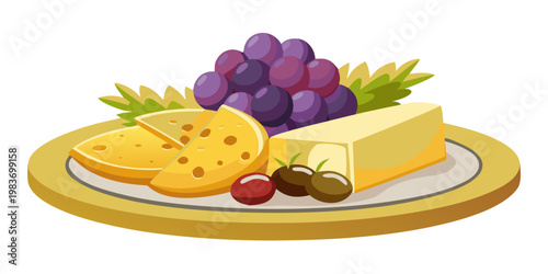 Close up vector illustration of a cheese platter featuring assorted cheeses, grapes, olives, and garnished with green leaves on a round serving plate