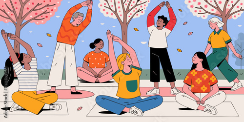 Diverse group of people practicing yoga outdoors in a park in the spring surrounded by trees with pink blossoms, engaged in various stretching poses on yoga mats