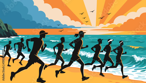 Group of runners training along a beach at sunset, silhouettes against the ocean waves and colorful sky with clouds and birds in the background. Jogging beach concept