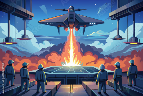 Hypersonic drone launch from ocean platform with crew members observing the ignition and flames against a dramatic sky filled with clouds and stars