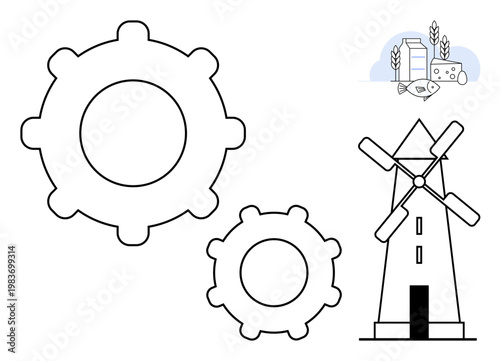 Agriculture, industry, renewable energy, farming processes, machinery, sustainable development. Gears, windmill farming icons with crops. Agriculture and industry concepts