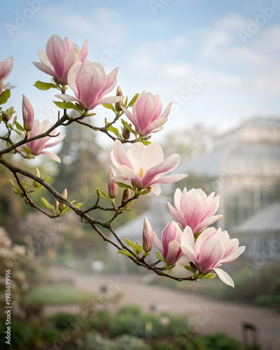 Pink magnolia blossoms on branch with soft garden background