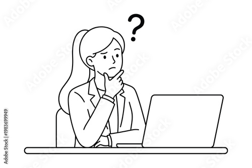 Woman thinking with a question mark at a laptop thinking question confusion pondering solution business learning