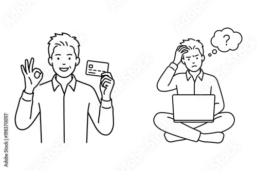 Man with credit card and laptop with confused expression confusion thinking shopping internet business transaction