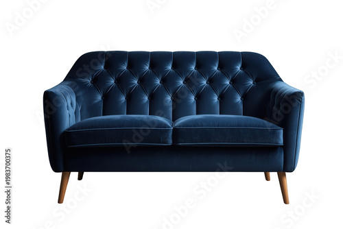 Blue velvet sofa with tufted upholstery, mid-century modern loveseat on transparent background