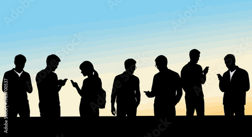 Diverse Group of People Silhouettes Using Smartphones Against a Gradient Sky Background