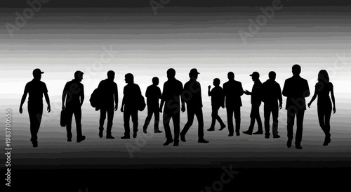 Diverse Group of People Silhouettes Walking Together in Abstract Gradient Background