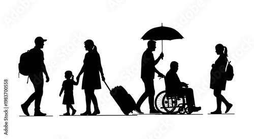 Diverse Group of People Walking, Including Family, Person in Wheelchair Under Umbrella, and Pregnant Woman