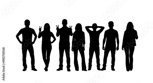 Diverse Group of Seven People Silhouettes Showing Victory Signs and Casual Poses