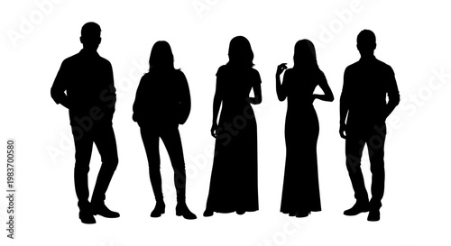 Diverse Group of Silhouettes: Men in Suits and Women in Dresses Standing Together