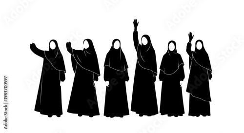 Diverse Group of Women in Black Hijabs Raising Hands in Unity and Empowerment