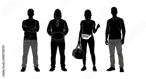 Diverse People Silhouettes with Jeans, Hoodie, and Sports Bag Representing Lifestyle