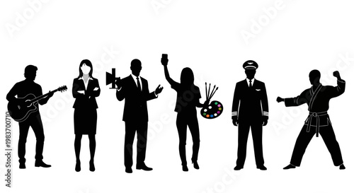 Diverse Professionals: Guitarist, Executive, Speaker, Artist, Pilot, and Martial Artist Silhouettes