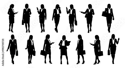 Diverse Silhouette Businesswomen Holding Briefcases, Phones, and Pointers in Professional Poses