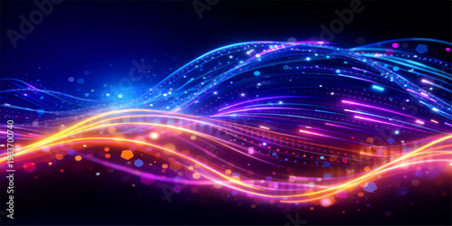 A futuristic abstract fractal wallpaper features glowing rainbow waves and bright light lines moving through black space with a colorful motion texture and high-tech energy design