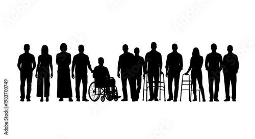 Diverse Silhouettes of People Including Wheelchair and Walker Users Showing Inclusivity