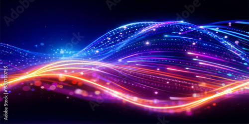 Bright energy of fractal realms flows through a colorful abstract design featuring glowing waves and futuristic vector patterns on a black space backdrop