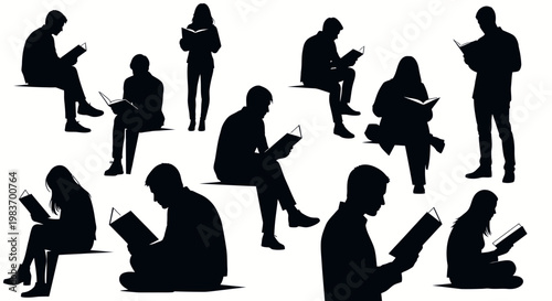 Diverse Silhouettes of People Reading Books Representing Knowledge and Learning