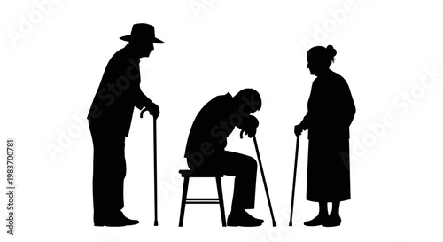 Elderly People Silhouettes With Canes: Sadness, Support, and Companionship Depicted