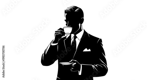Elegant Man in Suit Sipping Coffee, Sophisticated Lifestyle and Business Break