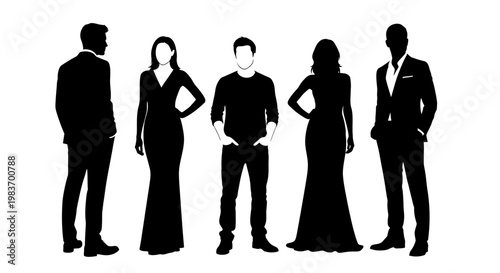 Elegant Silhouettes of People in Formal Wear, Men in Suits and Women in Dresses
