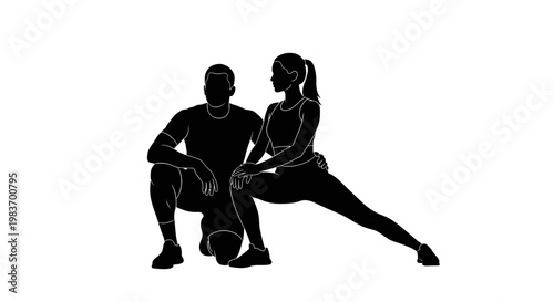 Fitness Partners Stretching Together: Man and Woman Workout Silhouette with Coach Guidance