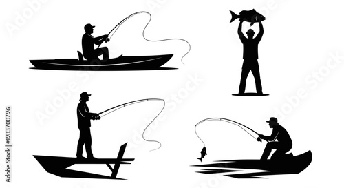 Fisherman Silhouette with Catch in Boat, Fishing Rod Action, and Trophy Fish